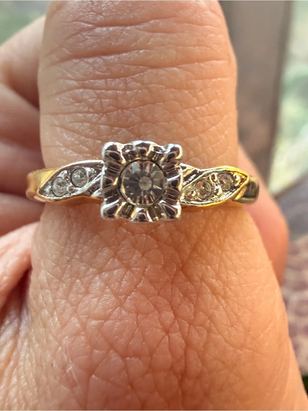 Classic Two-Tone Floral Clear Stone Accent Ring